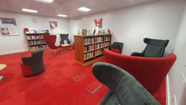 Photograph of the leisure reading area on the Ground Floor of the David Wilson Library, October 2023