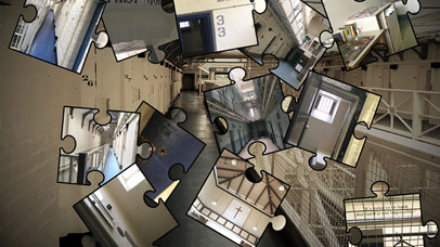 A prison overlayed with images of prison buildings