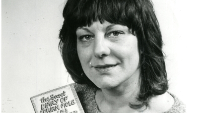 Sue Townsend with a copy of The Secret Diary of Adrian Mole in 1984, from the Leicester Mercury Archive