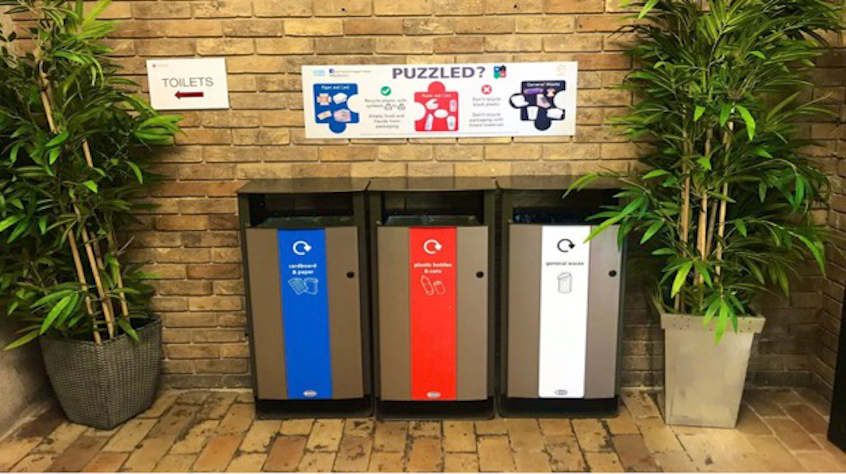bins with labels on to differentiate between recycling and general waste