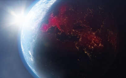 eath in space but continents lit up red