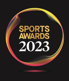 A gold hollow circle on a black background, in the middle are the world Sports Awards 2023 in gold and white fonts