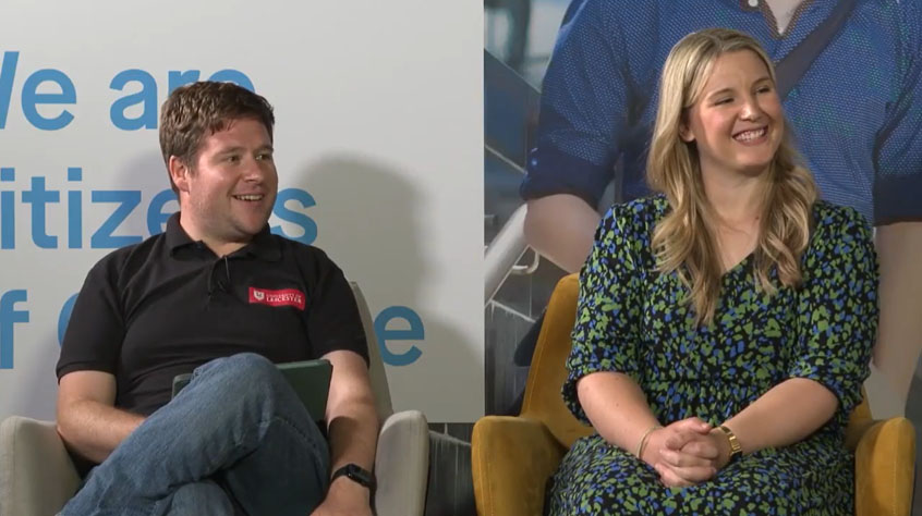 Two speakers (Dan Flatt and Amy Cooper) sitting on chairs, sharing insights about Results Day and university life.
