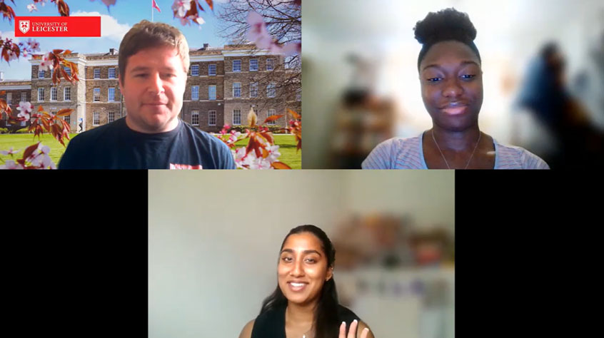 Three individuals on a video call, with one person smiling, discussing results day and clearing information.
