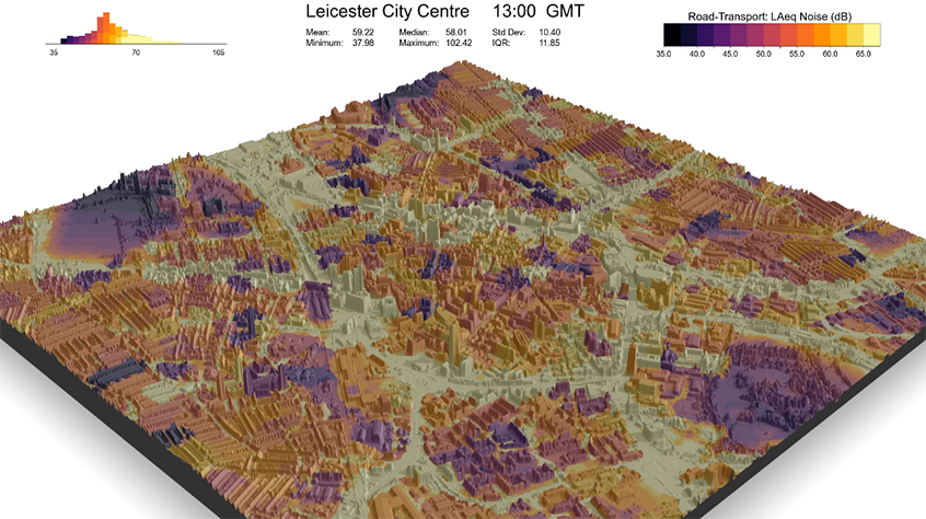 3D noise model of Leicester City Centre showing levels of noise pollution