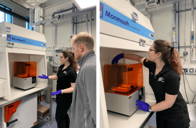 Two images, a woman explaining a 3D printer in a laboratory