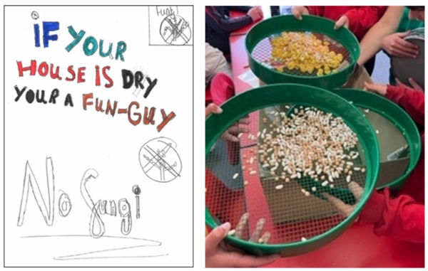 Two images. Firstly, work by a child stating 'If your house is dry your a fun-guy', followed by 'No fungi'. Secondly, different sized grains being sifted through a sieve.