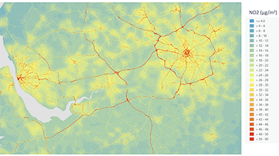 Image of a map displaying nitrogen dioxide levels across an area of the UK