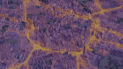 3D noise model of Leicester City Centre showing levels of noise pollution