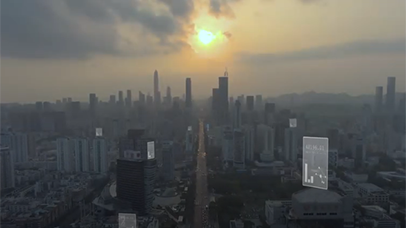City skyline and sunlight filtered through haze