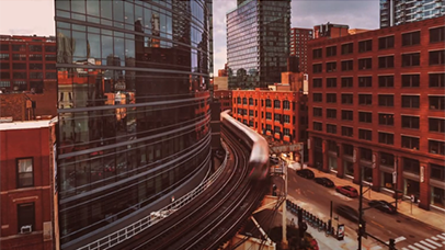 Inner city buildings, railways and road