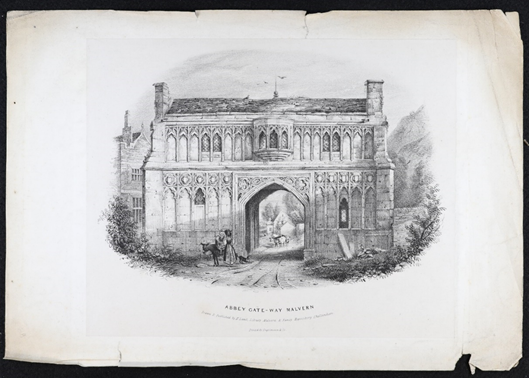 Nineteenth century print of Abbey Gateway, Malvern, the former gateway to Malvern Priory. 