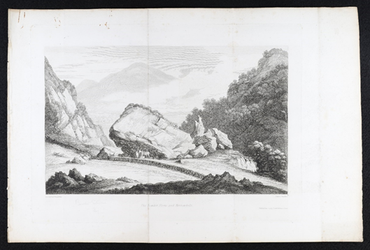 Nineteenth century print of Bowder Stone and Borrowdale, Cumberland, a large bolder with a man and his horse standing beneath it. 