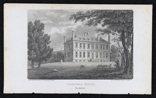 Nineteenth century print of Coleshill House, Berkshire with cattle and trees in the foreground, and a silhouette of a couple walking in the background