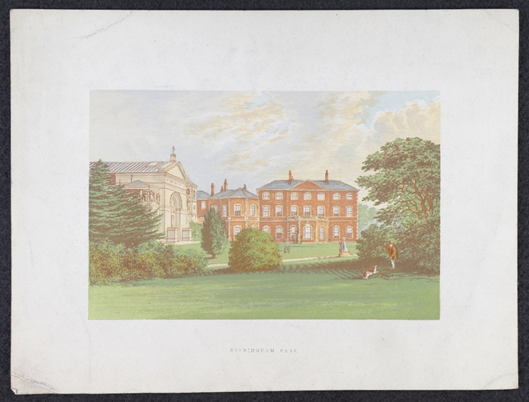 Nineteenth century colour print of Everingham Hall, Yorkshire, a large red-brick mansion with a lawn and trees in the foreground and people walking through on a path and on the grass. 