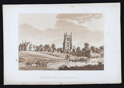 Nineteenth century print of Kempsford Church, Gloucestershire with domestic animals standing in a calm river in the foreground. 