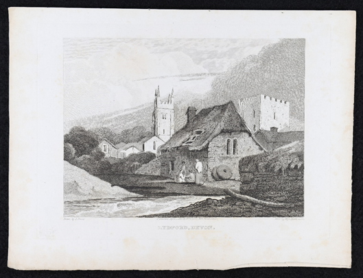 Nineteenth century print of Lydford, Devon with the parish church in the background, and a ruined cottage in the foreground with four people in front of it, two of whom are sitting