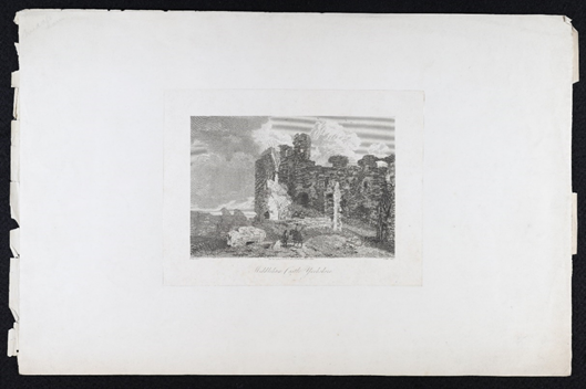 Nineteenth century print of the ruins of Middleham Castle, Yorkshire with a man leading a horse in the foreground. 