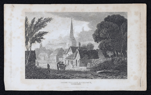 Nineteenth century print of Oadby village with the church in the background and silhouette of people in the foreground