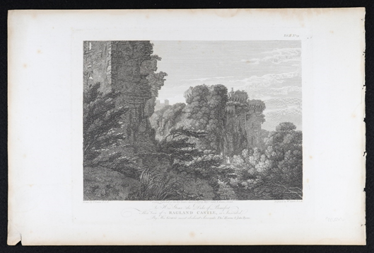 A nineteenth century print of the ruins of Ragland Castle, Monmouthshire overgrown with trees and vines. 
