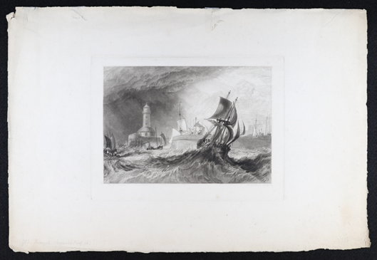 Nineteenth century print of a ship at Ramsgate in stormy seas.