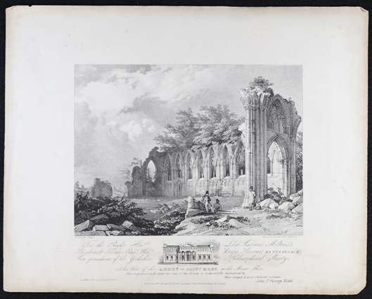 Nineteenth century print of the ruins of St. Mary's Abbey, Yorkshire with three young men relaxing in the foreground. 