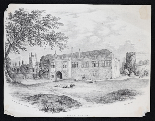 A lithograph of Sudeley Castle, Gloucestershire with cattle laying on the grass, and a man riding a horse in the foreground. 