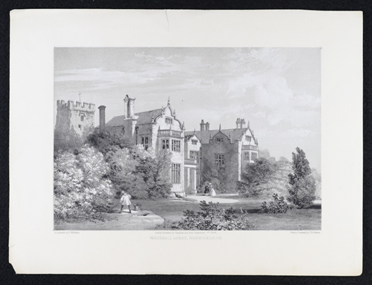 Nineteenth century print of Wroxhall Abbey, Warwickshire surrounded by foliage with a gardener in the foreground