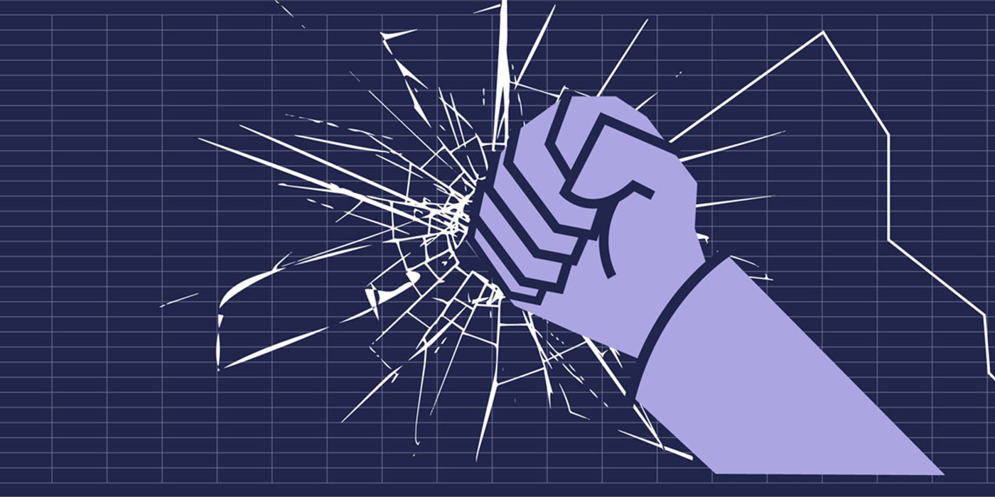 Illustration of a fist hitting glass and the glass breaking