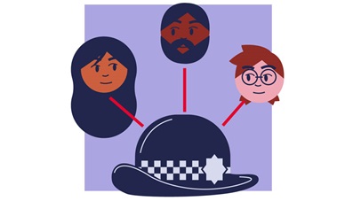 Illustration of three faces and arrows pointing from a police officer's helmet.