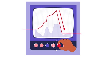 Illustration of a TV screen with a graph on it and a hand twiddling the dials.