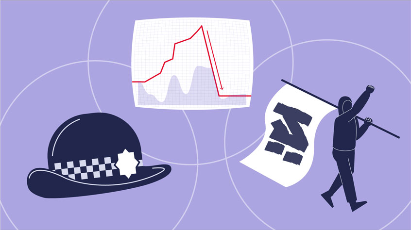 Illustration of a police officers helmet, a graph, and a hooded figure with a large flag