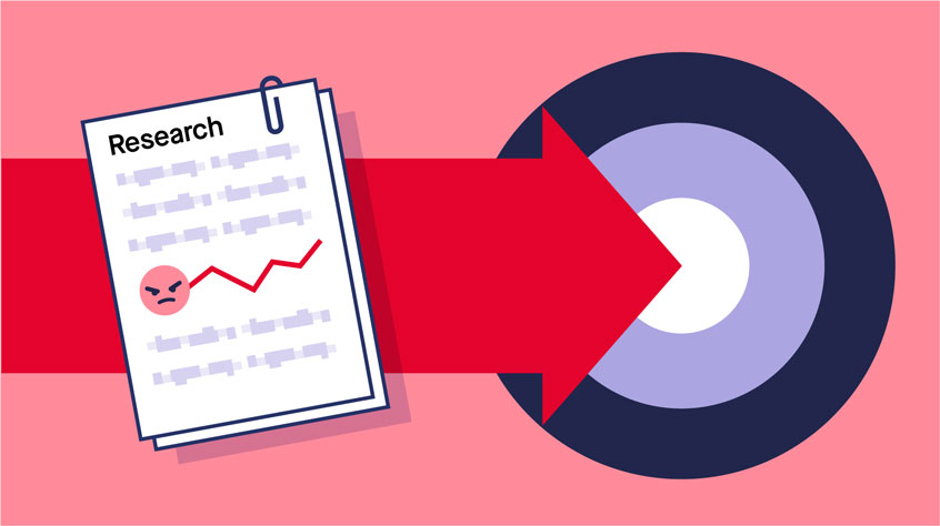 Illustration of a document with the heading 'research' pointing towards a bullseye