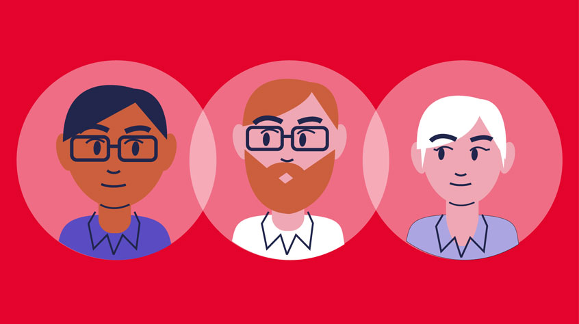 Illustration of three people on a red background