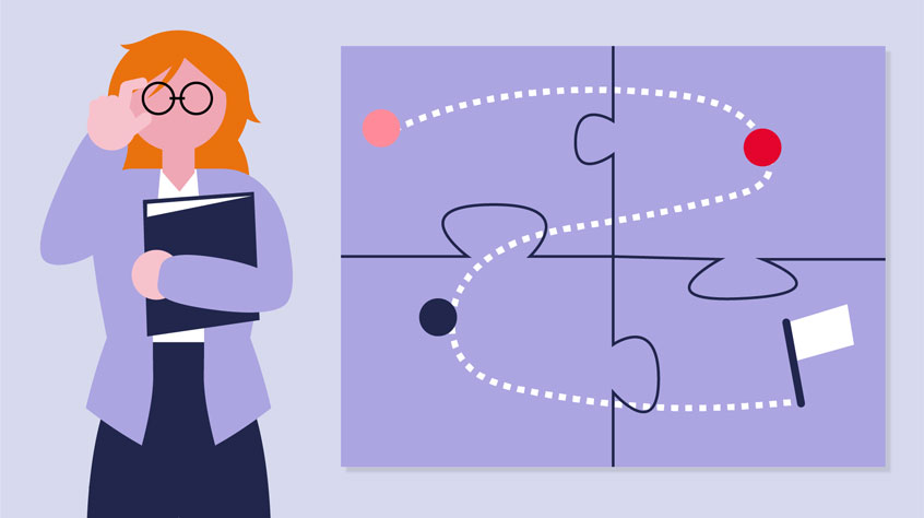 Illustration of a person standing next to a large jigsaw puzzle which shows a journey from a to b