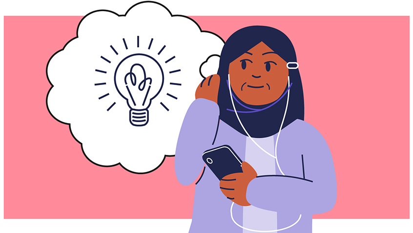 Illustration of a person with a phone, listening to something with headphones and with a thought bubble above their head.