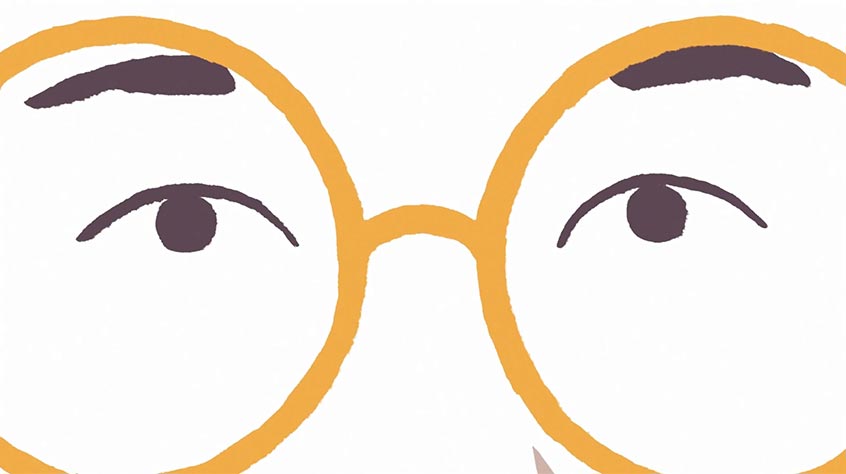 A close up drawing of a face with round glasses