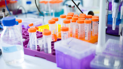Brightly coloured test tubes in a lab