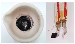 An image of a bowl containing a paste composed of minerals and deep eutectic solvents, and an image of the paste painted onto an electrode