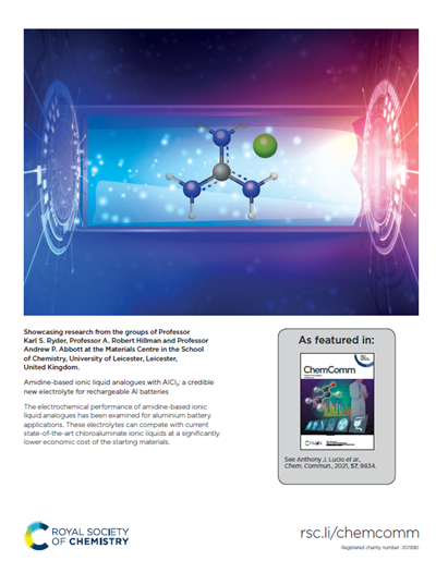 An image of the back cover of Chem Comm journal issue 77, featuring a diagram of a battery on a blue background. 