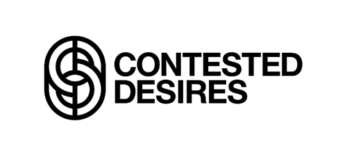 Contested Desires logo written in black on a white background to the right, on the left there are 2 black intersecting circles