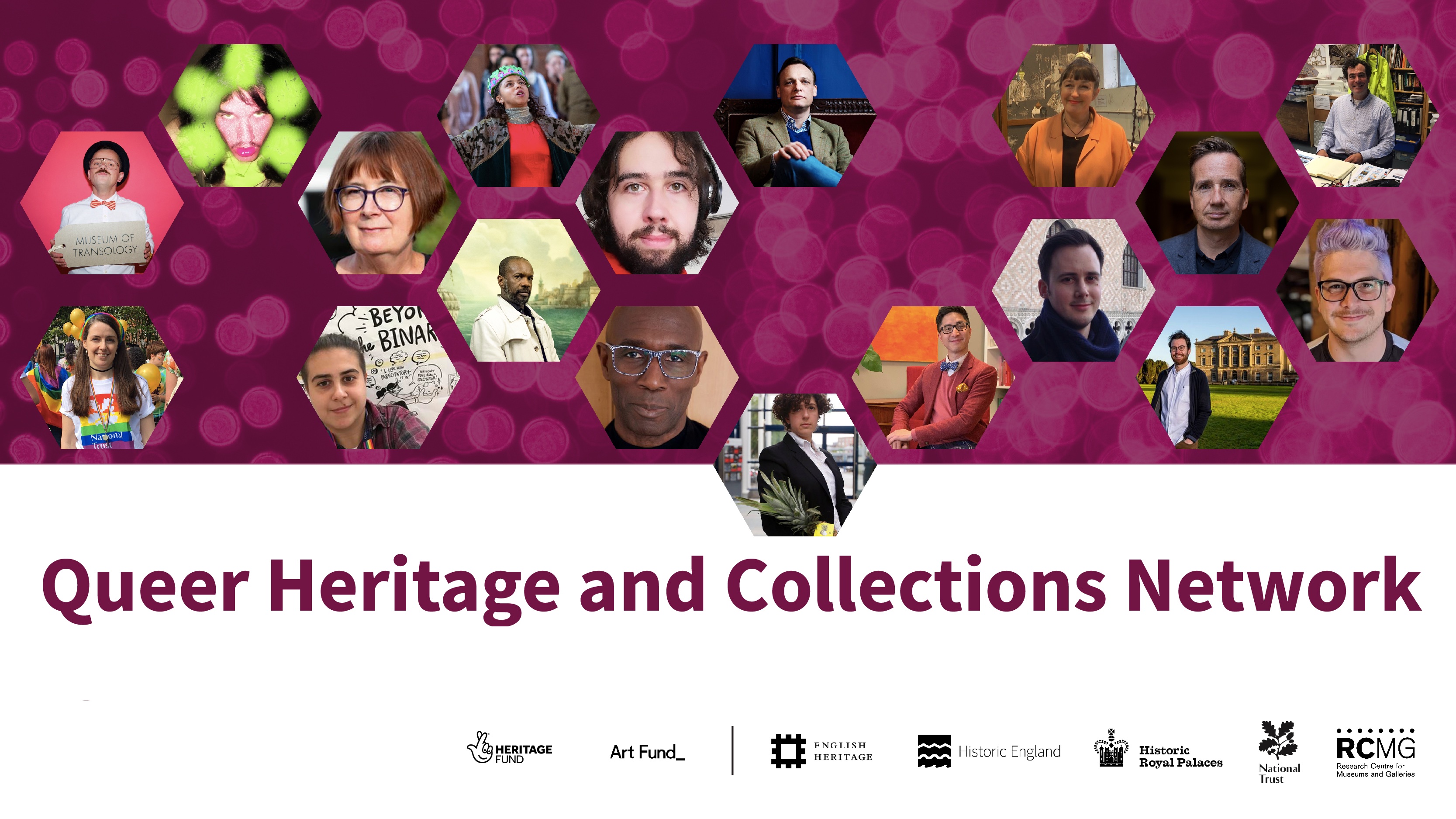 Presentation slide with purple background that says 'Queer Heritage and Collections Network'. There are several hexagons filled with picture of the people involved in the network.