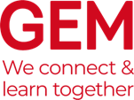 A logo with red text against a white background that reads 'GEM: we connect and learn together'