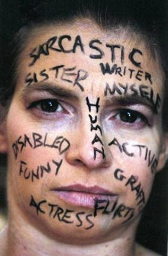A woman with characteristics written on her face