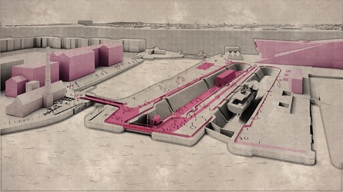 Architect's drawing and plan of the Waterfront Transformation Project in Liverpool