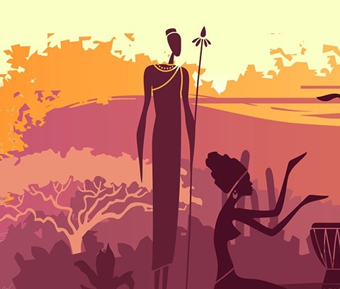 sunset in africa with silhouettes of national housing, baobabs, acacia, wildebeest and dancing natives