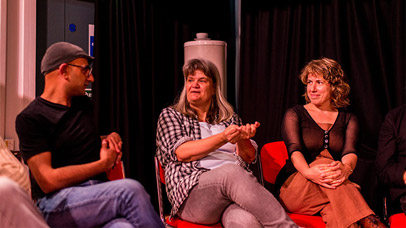 G Sian, Dr K Leschke and Chloe Aligianni at the Attenborough Arts Centre, Leicester