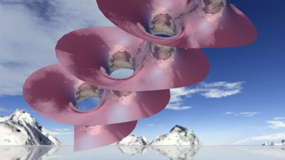 An abstract shape floating in the sky with mountains in the background