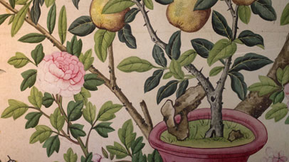 Chinese wallpaper with fruit and flowers.