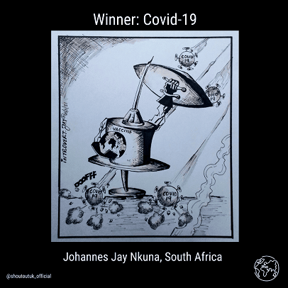 Cartoon winner Covid 19 by Johannes Jay Nkuna, South Africa